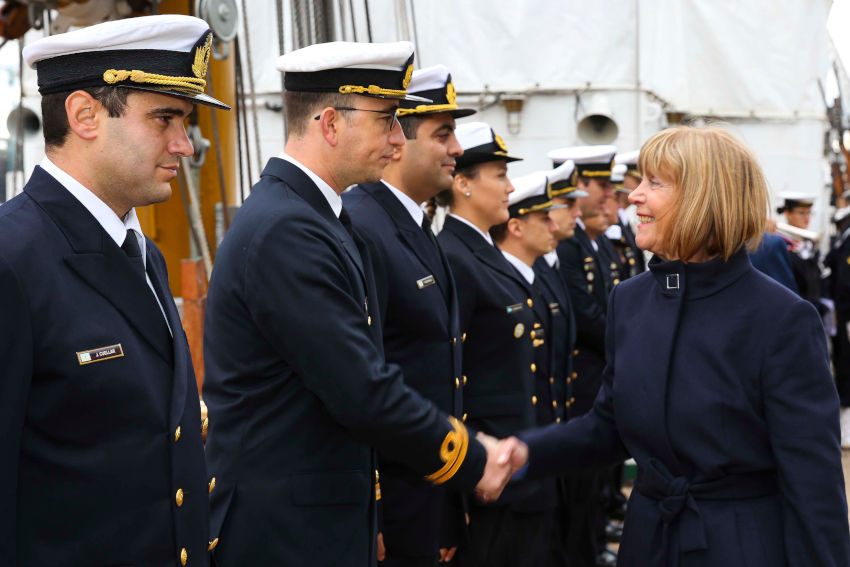 Argentina’s Ambassador to Ireland Laura Bernal greets the crew of the Libertad