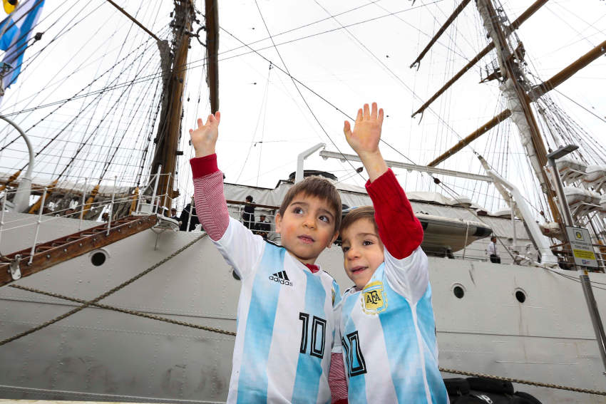 Young Argentineans greet the Libertad in Dublin