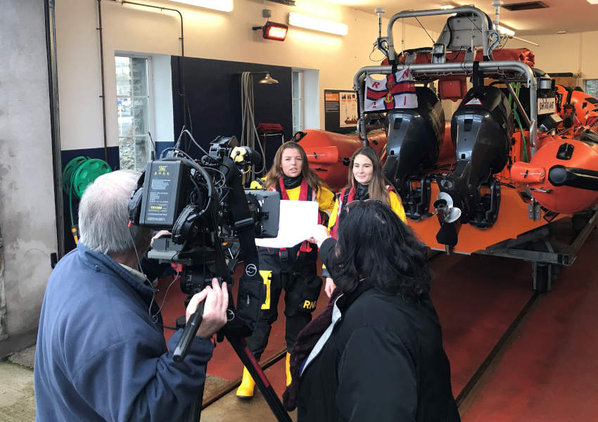 Crosshaven RNLI volunteers and best friends Molly and Caoimhe face the RTÉ Nationwide camera | Photo: RNLI/Niamh Stephenson