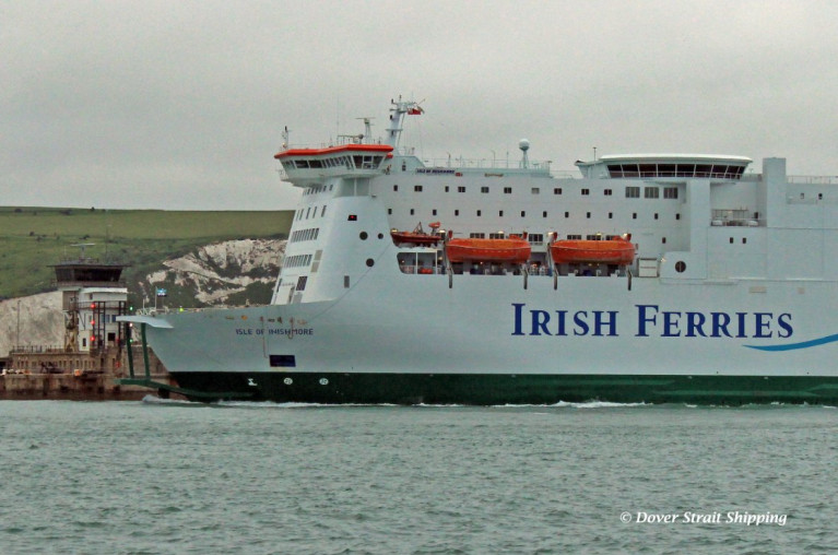 The White Cliffs of Dover: Tickets now on sale as Irish Ferries will operate a Dover-Calais ferry service next week (Tuesday, 29 June). AFLOAT adds Isle of Inishmore relocated from Rosslare-Pembroke duties in April went for dry-docking in Brest, France followed by modifications works in Odense, Denmark. Among shipyard works, see the bow&#039;s &#039;cow-catcher&#039; to enable combatibility at ro-ro berths at the UK&#039;s busiest ferryport (above) and the French port where the ferry also arrived on Saturday to carry out berthing trials. Note also at the bow, ICG /Irish Ferries houseflag (and on Irish Sea fleetmates) also operate UK &#039;land-bridge&#039; routes connecting mainland Europe, will provide customers an inclusive through service.