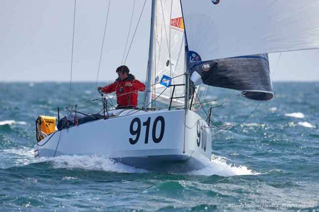 Tom Dolan’s Pogo 610 offshoresailing.fr (IRL 910) taking second place in the 500-mile Mini-en-Mai on May 12th at la Trinite sur Mer