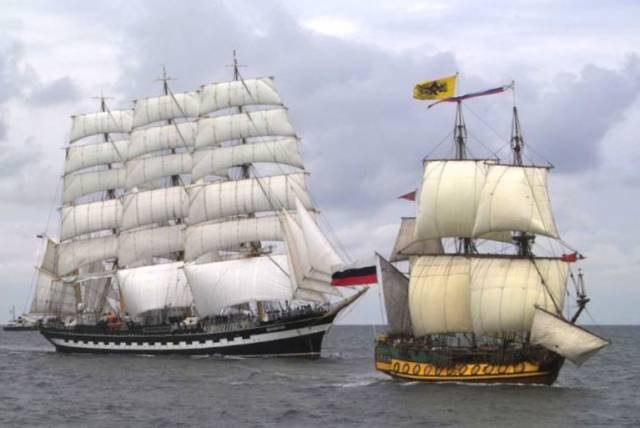 The fascinating Russian re-creation of a 1703 warship of Peter the Great, the Shtandard (right) will be one of the stars of this weekend’s Dublin Port Riverfest. While she lacks the size of the almost unmanageably large Kruzenshtern (left), Shtandard has proven herself a wonderful seagoing ambassador, and will be in Dublin port direct from the Morbihan Festival in France