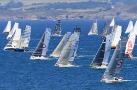 The Sunday morning start for the Mini Fastnet fleet at Douarnenez. An upper limit of 70 had been set on entries, but during the final prep days, the numbers were shaken down to 62 boats