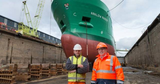 Arklow Raider was a typical short-sea trader to use Dublin dry dock that closed last year but was reopened on a once-off basis to facilitate tallship Jeanie Johnston earlier this year. The Arklow Raider underwent work at the recently refurbished Swansea Drydocks Ltd having been taken over. On the left is Garth Masterson, General Manager, SDL and Callum Couper, Port Manager, ABP South Wales.