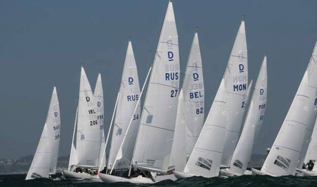 Jonathan Bourke's Dragon team (second from left) prepare for a start in yesterday's opening races of the HM King Juan Carlos Dragon Trophy in Cascais