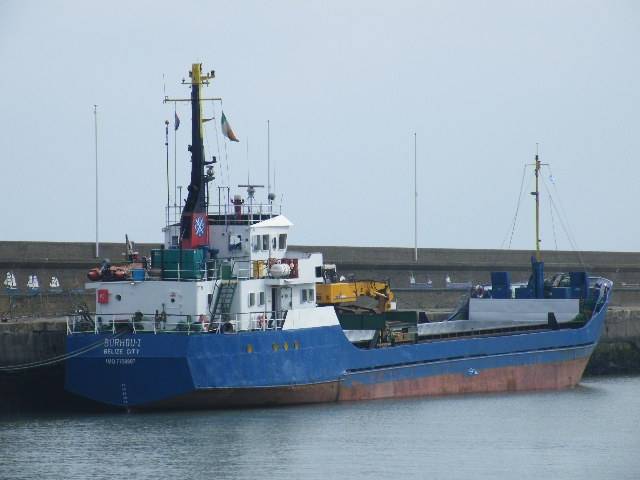 The Belize City registered Burhou I having discharged round timber (logs) from Scotland, was detained in Wicklow Port and is seen at the harbour's East Pier on St. Patrick's Day