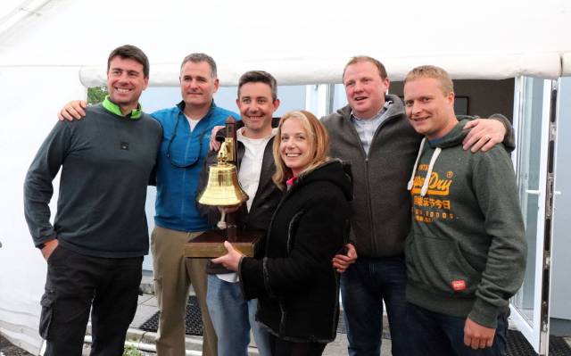 A victorious 'An Seabhac' crew with the Gortmore Bell