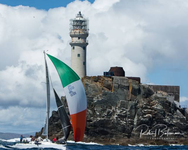 Royal St George Yacht Club J/109 Dear Prudence (Patrick Cruise O'Brien) at the Fastnet Rock in race three of Calves Week