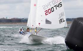 Darragh O&#039;Sullivan (IRL 200745) rounding the gybe mark of the seventh race in the Laser Radial Mens World Championships on Dublin Bay which is being jointly hosted by the Royal St George YC and Dun Laoghaire Harbour Company and runs until Saturday 30th July.