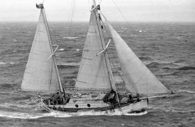 English sailor Robin Knox-Johnston on board his 32-foot (9.8-metre) boat Suhaili, in the Atlantic near the end of the 1968 Golden Globe Race.  His circumnavigation of the world, was the first to be achieved single-handed and non-stop, 21st April 1969. 50 years later, Dubliner, Gregor McGuckin, and 29 other entrants plan to replicate the original race.