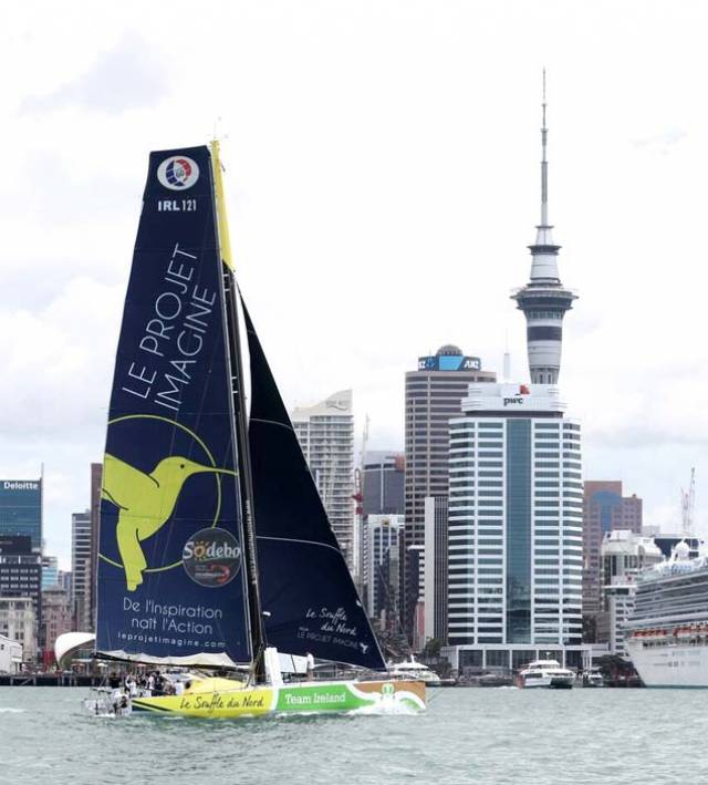 The repaired IMOCA Souffle du Nord re-appears on Auckland Harbour with an extended name, but the humming bird continues to fly