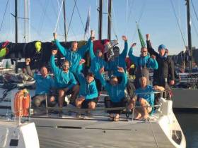 A tired but elated crew on Nick and Suzi Jones&#039; First 44.7 Lisa, skippered by RORC Commodore Michael Boyd