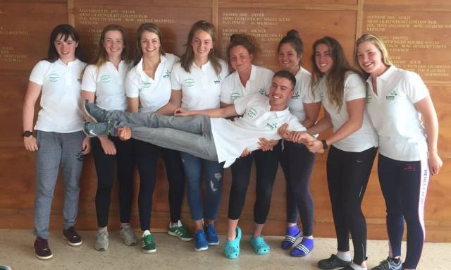 The Ireland women's eight has a laugh pre-competition.