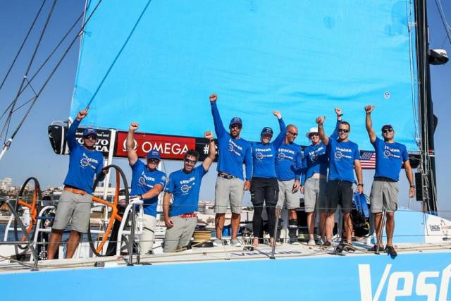 A victorious Vestas 11th Hour Racing crew in Lisbon this afternoon