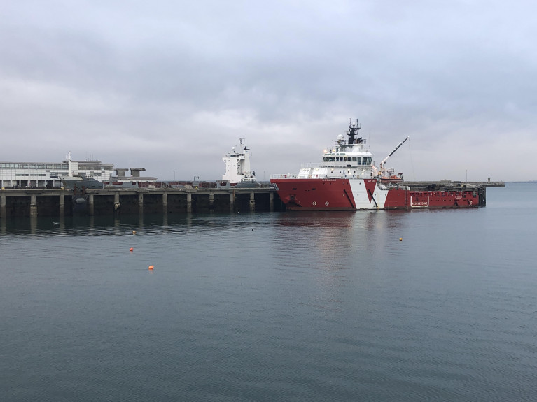 Ship Calls: Emergency Response & Rescue Vessel (ERRV) Vos Endurance (foreground) made a fleeting call to Dun Laoghaire Harbour that lasted only several hours. Whereas the towed containership, Anna G which arrived more than a fortnight ago continues to remain in port. 