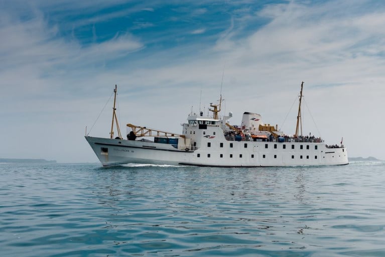 UK 'domestic' waters islands serving veteran passenger/cargo ferry Scillonian III underway in the Scilly Isles linking Penzance in Cornwall, south-west England. Specialist ship designer BMT has a contract to design a new vessel to travel for the coastal service to the island archipelago off Land's End.