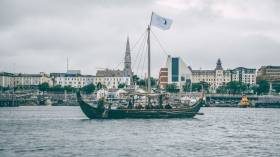 One of three Viking longships prepares to invade Dun Laoghaire Harbour yesterday