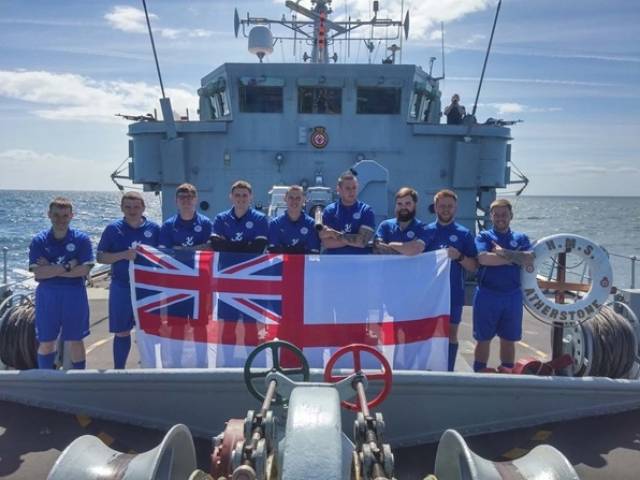 Sailors and 'Fighting Foxes' football team! of HMS Atherstone that visited Dublin at the weekend, are seen earlier this month to cheer and celebrate Leicester City Football Club’s triumph.