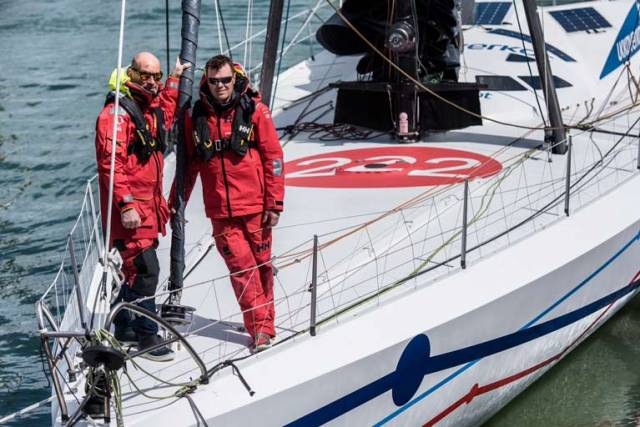 Co-skippers Ari Huusela (left) and Mikey Ferguson on the former’s IMOCA 60 Ariel2