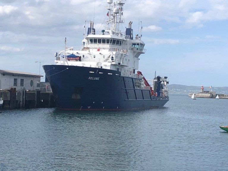 Offshore Support Vessel (OSV) Relume as seen on 'Bloomsday', the day the former Arabian Gulf aids to navigtion tender arrived in Dun Laoghaire Harbour. The ship is in port in preparation to taking up a new charter at the Codling Bank Wind Farm project off Co. Wicklow.  