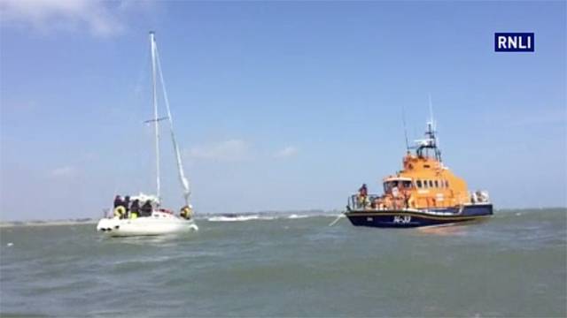 Howth RNLI's all-weather lifeboat prepares to tow the stranded yacht to safety