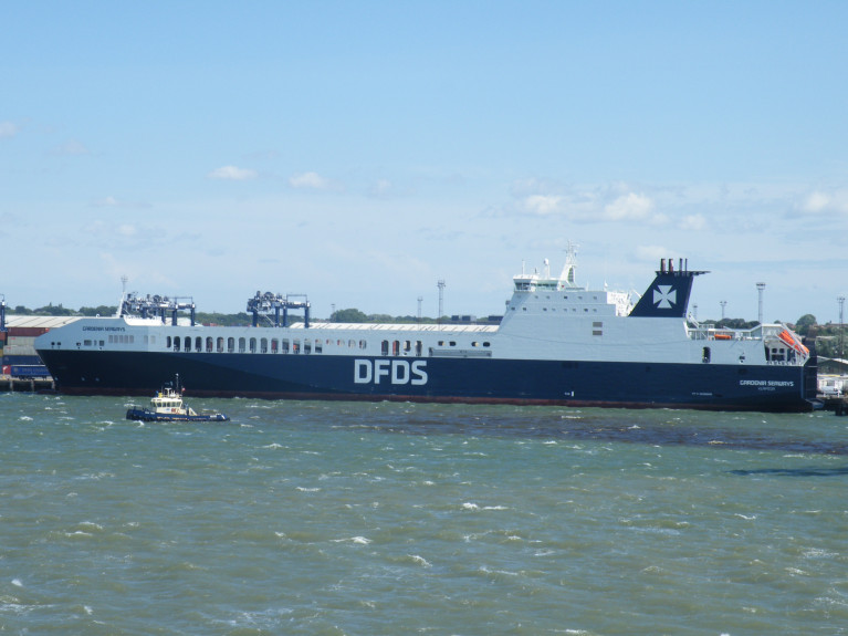 UK Ferry Contracts: Additional capacity will be on quieter ferry mainland Europe-UK routes to ports among them Felixstowe (above) on the North Sea. AFLOAT's photo of DFDS ro-ro freightferry Gardenia Seaways. Opposite of the Suffolk port is Harwich in Essex where another reciprient of the Post-Brexit contract, Stena Line serve Hook van Holland, Netherlands. 
