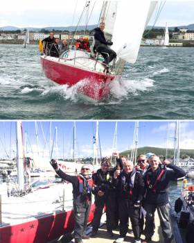 (Top) Rupert Barry’s JOD35 Red Alert at the start off Dun Laoghaire on Wednesday evening  and (above) We made it! The crew of Red Alert in Dingle this morning. They may have placed 7th in Racing 1, and 14th overall. But remember, that’s 14th out of 43 starters