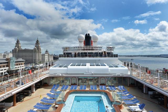 Cunard Line's 'Vista' class Queen Elizabeth alongside Liverpool Cruise Terminal. The call was to celebrate the centenary of the former Cunard Line building, one of the 'Three Graces' on the famous Mersey waterfront