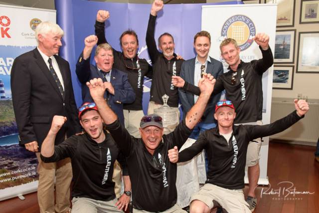 Eleuthera crew celebrate at the Kinsale Yacht club prizegiving. Also pictured are (back left) Sovereign's Cup Race director Bobby Nash, KYC Commodore Dave O'Sullivan (back second left) and Ronan Goggin of sponsors O'Leary Life (back second from right) Scroll down for photo gallery