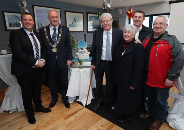 From L to R: Dublin Port Company Harbour Master Michael McKenna and Lord Mayor of Dublin Nial Ring join Poolbeg Training CLG representatives Manager Denis Murphy, Betty Ashe of Pearse Street, Tim Darmody of the Docklands and Jimmy Murray of Ringsend