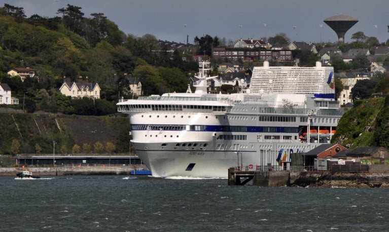 Brittany Ferries have been forced to 'cease' all services for the time being, across their route network including Ireland-France/Spain due to Covid-19 advise from governments among them Ireland. Above flagship Pont-Aven which otherwise operates the seasonal Cork-Roscoff route is seen last year arriving in Cork Harbour where on the left is Cobh Cruise Terminal (see blue pontoon) on to the right is the Irish Naval Service Base on Haulbowline Island.