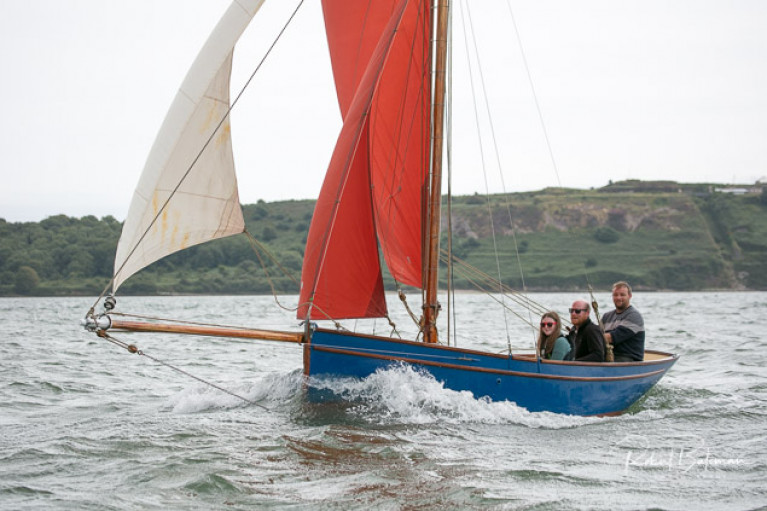 Gus O'Donovan sailing with friends in his new Pilot Cutter in Cork Harbour