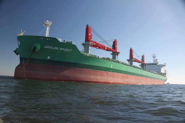 At the Argentinian anchorage of Racalada, Arklow Spirit is one of a pair of 'S' class bulk-carrier sisters. Both 33,905dwt sisters are the largest indigenous ships on the Irish Shipping Register. The South Korean built pair trade on deep-sea routes compared to their smaller short-sea European based fleetmates.