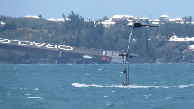 Team Oracle in trouble: capsizing after a foiling gybe at high speed in Bermuda on Wednesday 10 May