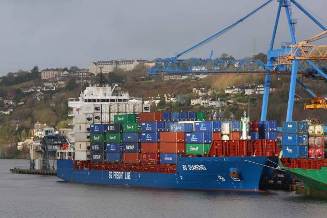 Containership above AFLOAT adds is the BG Diamond which operates a UK-Ireland-mainland continental liner service through Belgium and The Netherlands. The Chinese built 'Ireland-Max' class lo-lo vessel is pictured berthed at the Tivoli Container Terminal located in Cork Harbour.  