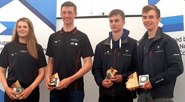 Top scorers at the Youth Pathway Nationals at Ballyholme last weekend in the Laser Radials were (left to right) Sally Bell (Royal North of Ireland YC) first girl and 11th overall, Ewan McMahon (Howth YC), first overall, Conor Quinn (Rush SC & CLYC) second overall, and Aaron Rogers (Rush SC) third overall.