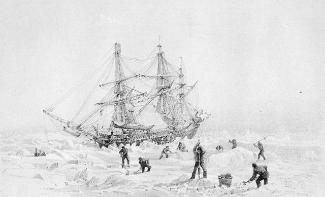 Engraving after a drawing by Capt George Back of HMS Terror town up by polar ice