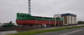 First of a new class of 10 cargoships of over 5,000dwt cargo carrying capacity, Arklow Cadet at Ferus Smit&#039;s Dutch yard in Westerbroek