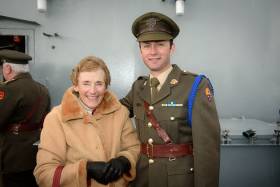 The late Claire Bateman with Commandant Ian Travers from Kinsale in March at the launch of Volvo Cork Week 2016 aboard LE Roisin in Cork Harbour. This was one of Claire’s last assignments for Afloat.ie.