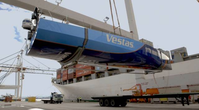 Vestas 11th Hour Racing’s Volvo Ocean 65 arriving in Auckland for repairs last month