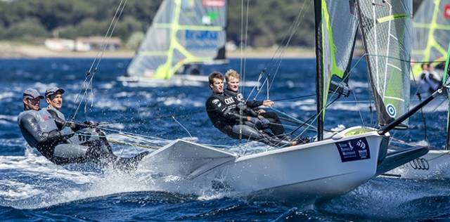 Ballyholme Yacht Club's Ryan Seaton and Matt McGovern lie 17th in a fleet of 40–boats in Hyeres, France at the Sailing World Cup