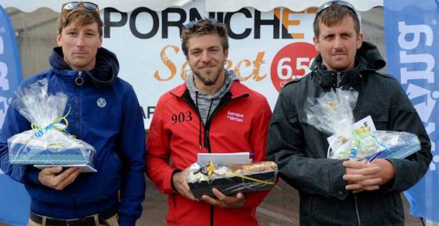 Tom Dolan (right) on the podium in France after his third place in the Pornichet of the French Solo Offshore Championship. He is pictured with Valentin Gautier and Pierre Chedeville