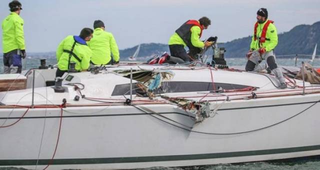 Surveying damage to the Sly 42 Kuka after its collision with an 83ft Maxi in the Adriatic at the weekend