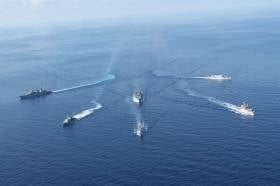 L.É. Niamh, second ship on the left seen underway as part of a six-strong EU naval flotilla that carried out a EUnavfor Operation Sophia &#039;anti-people trafficking&#039; exercise held late last month in the Mediterranean Sea.