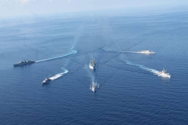 L.É. Niamh, second ship on the left seen underway as part of a six-strong EU naval flotilla that carried out a EUnavfor Operation Sophia 'anti-people trafficking' exercise held late last month in the Mediterranean Sea.
