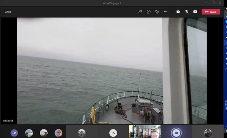 VIRTUAL VOYAGER: An &#039;online&#039; view taken from RV Celtic Voyager&#039;s wheelhouse with below marine biology students ashore! taking in the &#039;live-streaming&#039; from tutors while in Dublin Bay.  