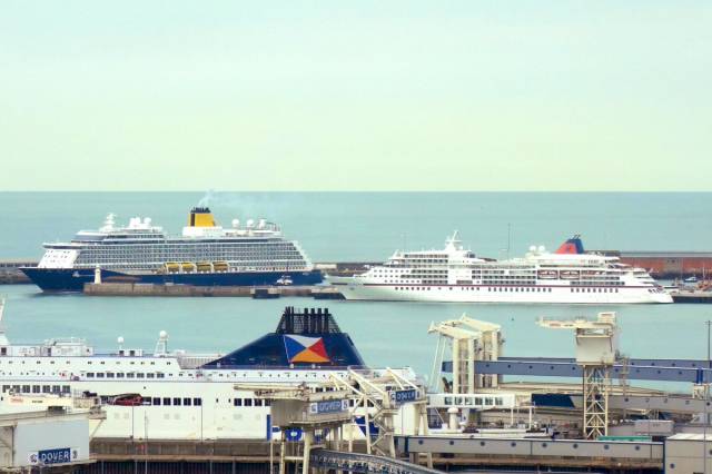 At the Port of Dover, AFLOAT adds in the foreground is a 'Darwin' class ferry of P&O Ferries, one of four ferry firms awarded contracts to transport medicines in the event of a no-deal Brexit. In the background is newbuild cruiseship Spirit of Discovery (SAGA) which made its maiden calls to Ireland this season and Europa (Hapag-Lloyd Cruises), a previous caller to such waters. 
