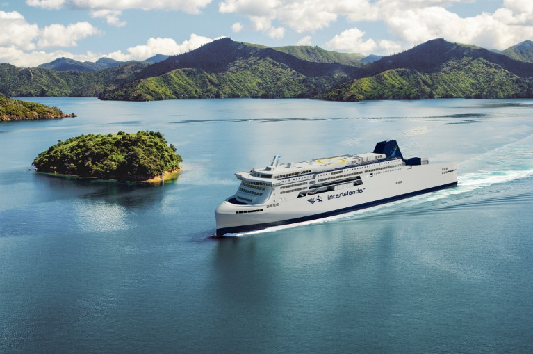 An exterior rendering of the New Zealand 'Interislander' ferries whose operator Kiwirail has chosen to flag the pair of newbuilds under the Manx flag and added to the Isle of Man Registry which is a Category One member of Red Ensign Group and International Registry. Each newbuild will be capable of 1,900 passengers,3,600 lane metres and 40 sixty-foot rail wagons. As AFLOAT reported previously among the KiwiRail fleet is Kaitaki intially chartered in from Irish Continental Group. The former Isle of Innisfree was ICG's first custom-built cruiseferry for Irish Ferries service in 1995 on the Irish Sea but replaced by larger tonnage. This led to a succesion of charter spells, before KiwiRail finally acquired the ferry in 2017 for €45m.
