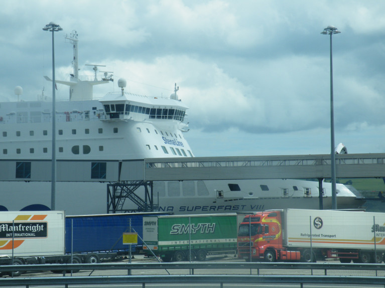 Retail Northern Ireland said there are some issues around supply. Above in this AFLOAT file photo of lorries parked alongside a ferry berthed in Belfast Harbour having sailed across the North Channel route from Cairnryan, Scotland. The port (among 5 in N.I) has additional ro-ro freight /ferry routes linking Britain through the English ports of Heysham and (Birkenhead) Liverpool. 