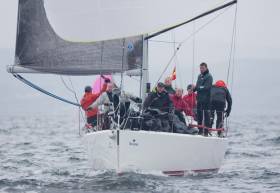 Pat Kelly&#039;s J109 class RC35 winner, Storm. The Rush Sailing Club yacht from County Dublin was using an innovative symmetric spinnaker as opposed to the standard asymmetric typically used by the J109 class